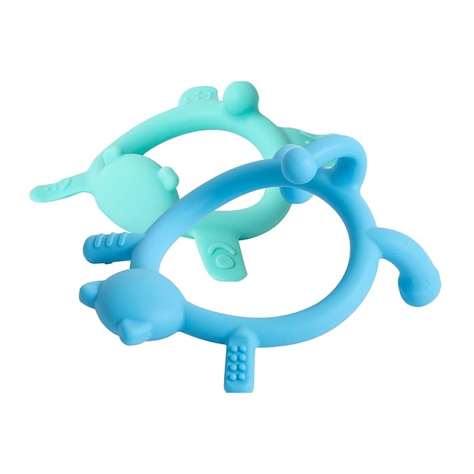 Pigeon Silicone Animal-Shaped Baby Teether Set, 3M+ & 6M+ | Includes 1 Green Bear, 1 Blue Cat & 1 Silicone Bag – Multi-Textured Teething Relief Toys, Lightweight & Easy to Grasp