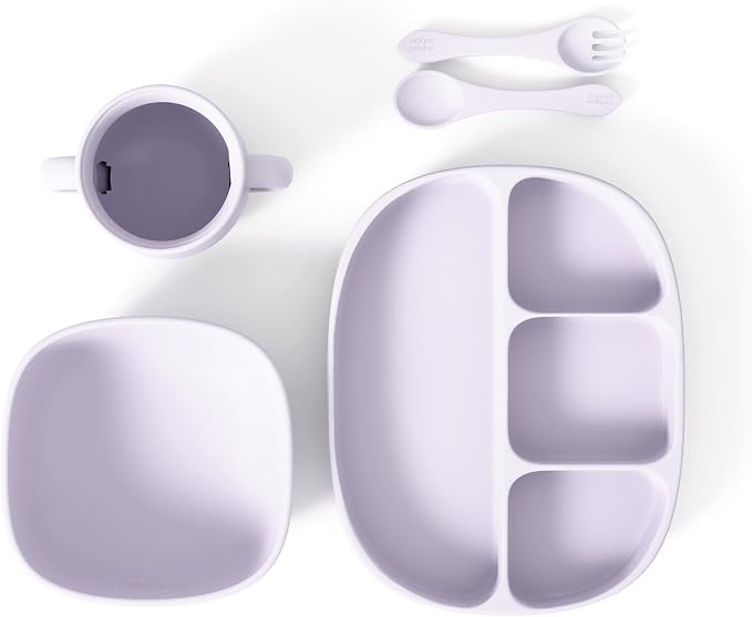 Baby Dinnerware Set by Muqee Peeko in a Sweet Lilac Color including Sets with Suction - Food Grade Silicone (5 Piece Set)