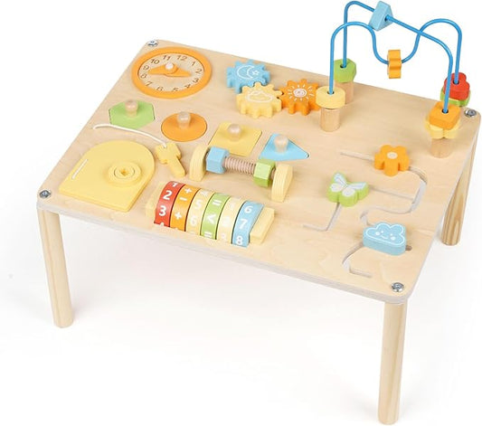 Wooden Activity Table for Toddlers – 8-in-1 Multi-Color Montessori Activity Center&Baby Activity Cube with Bead Maze, Shape Sorter, Gears, Math & Clock Toys,Educational Gift for 1 Year Old Boys Girls
