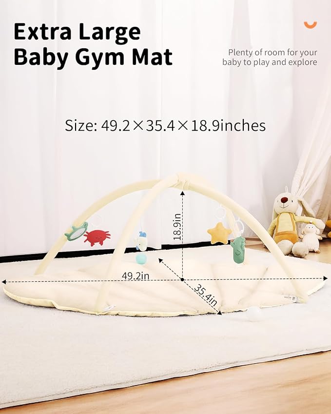 ANGELBLISS Baby Play Gym Mat, Reversible Tummy Time Mat with 6 Sensory Toys for Stage-Based Developmental, Thick & Large Baby Activity Center from Newborn to Toddler (Beige)