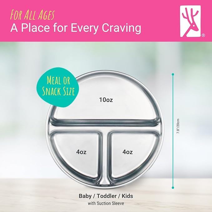 Elk and Friends Stainless Steel Divided Plates with Silicone Sleeve for Babies & Toddlers | Lids Included | Stay Put Suction | Dinner & Snack Plates | 4 Pack