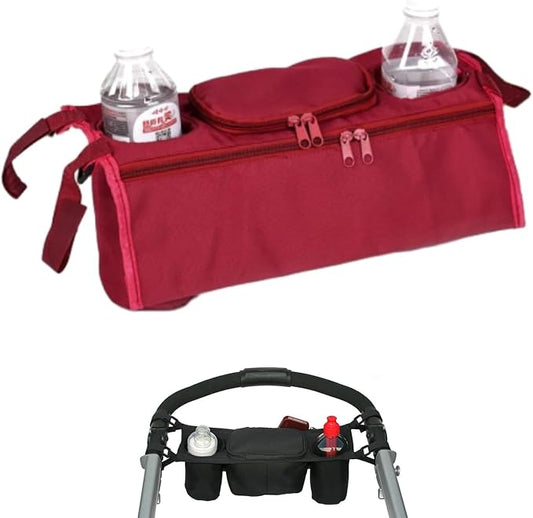 Stroller Organizer with 2 Insulated Cup Holder, Universal Stroller Caddy Accessories Zipper Design Durable Stroller Organizer Bag for All Baby Strollers (Red)