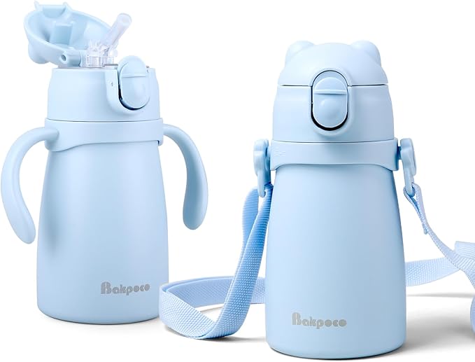 Bakpoco Stainless Steel Straw Sippy Cup for Toddlers 1-3 Years Old, Insulated Toddler Water Bottle Baby Training Tumbler with Handles & Strap, 9oz Kids Straw Cups for Travel Daycare, Blue Bear 1-Pack