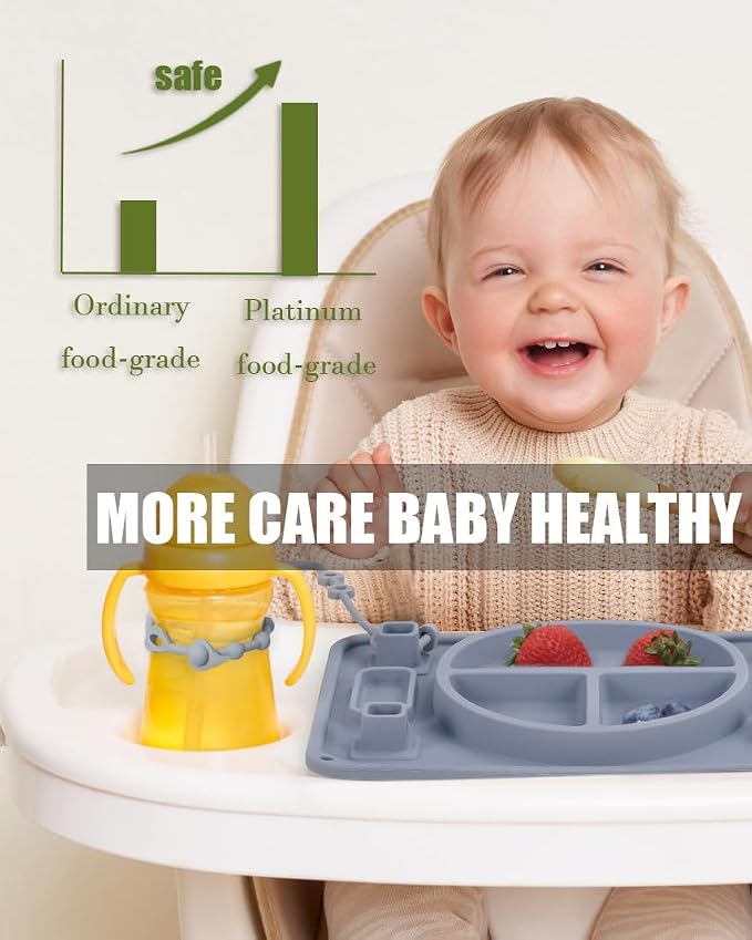 Strong Suction Baby Placemat, STARTURFLYU Silicone Toddler Plate with 4 Toy Straps & Anti-Peel Design, Dishwasher Safe Travel-Friendly Sensory Mat for High Chair, Airplane, Baby Led Weaning (Green)