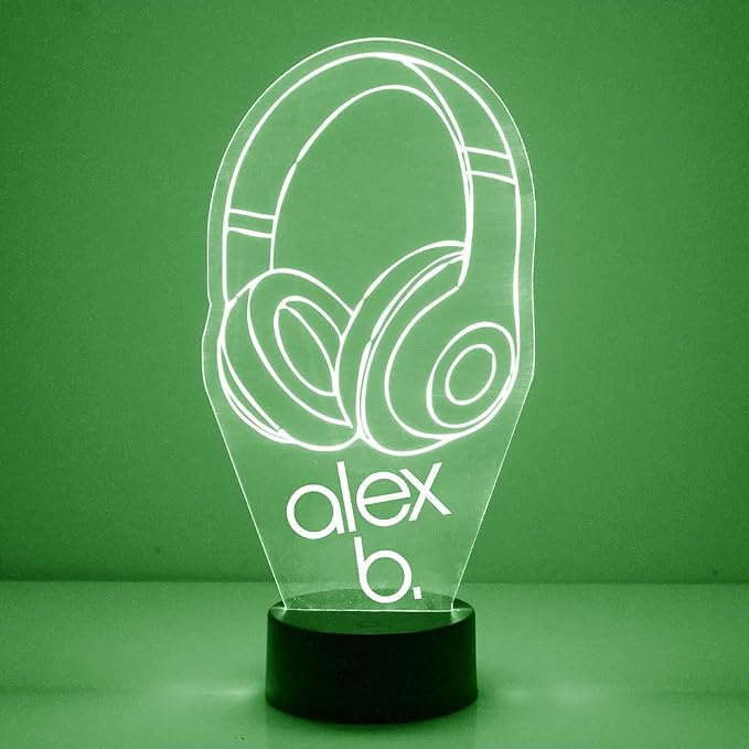 Personalized Gaming LED Sign Night Light Lamp with Remote, Custom Text, Acrylic Display with 16 Colors & 4 Modes, Battery or USB Power, Made in The USA (Headphones)