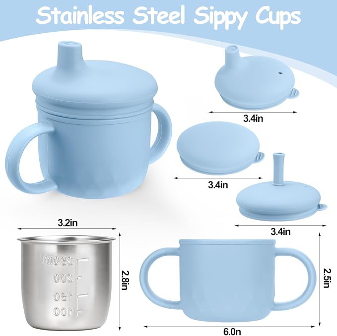 Mity rain 3-In-1 Stainless Steel Sippy Cup for 6+ Month Old, Baby Straw Cups for Toddlers 1-3 with Travel Lid, Silicone Straw, Replacement Straw & Cleaning Brush - 8oz Toddler Cups Spill Proof Set