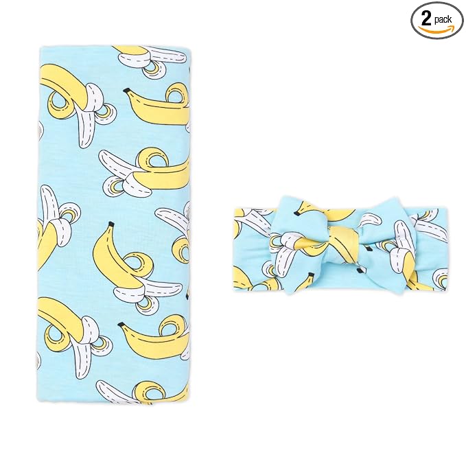 Little Sleepies Swaddle & Headband Bow Set, Viscose from Bamboo Baby Swaddles, Newborn Baby Girl Clothes (Bananas)