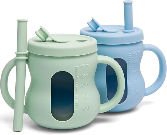 100% Silicone Baby Training Cup 2PCS See-through Toddler 5OZ Straw Drinking Cups for Infants 6 Months+ (Green and Blue)