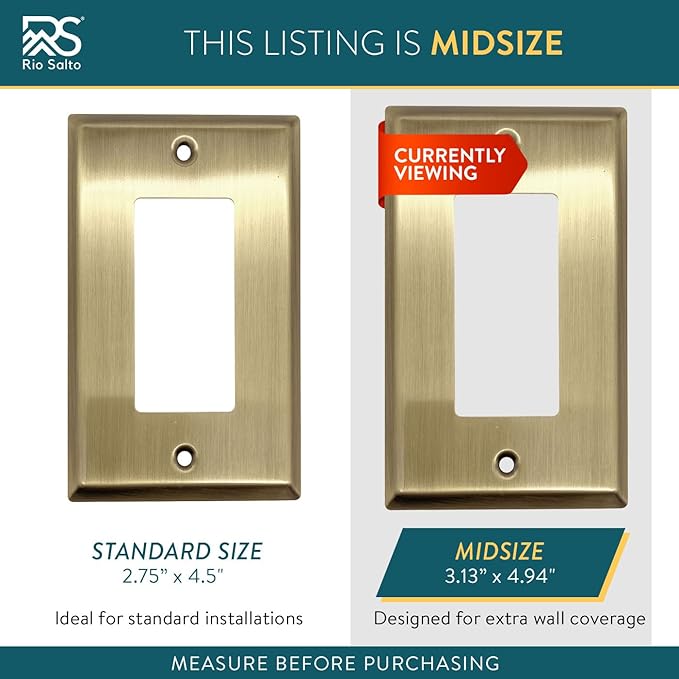 Rio Salto BRASS Signature Collection Antique Metal Gold Midsize Rocker 1-Gang Light Switch Wall Plate or Outlet Cover Single Receptacle Wallplate Covers Decorator (Rocker, 1-Gang, 5-Pack)