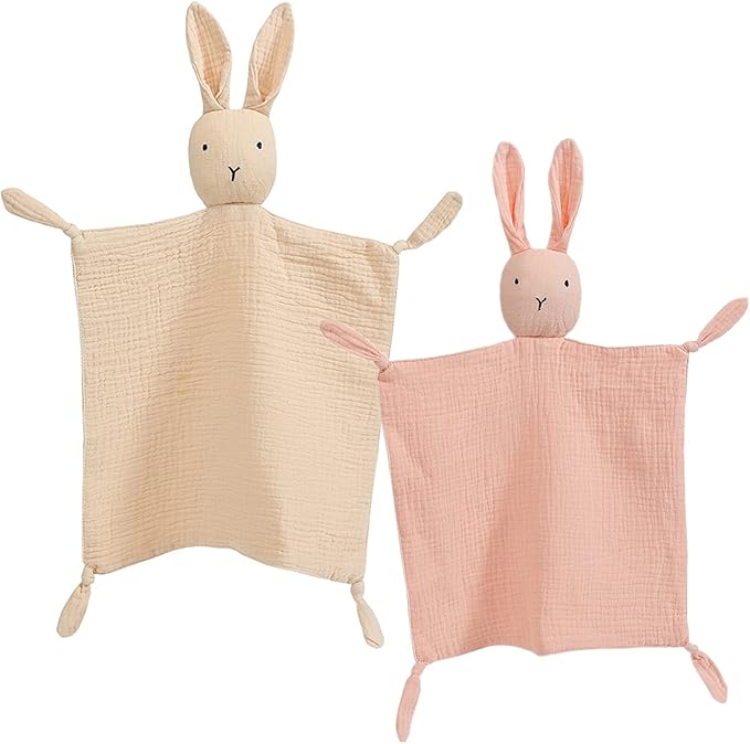 insular Bunny Lovey Blanket for Boys and Girls, Organic Cotton Muslin Security Blanket for Babies, Soft Breathable Lovie Soothing Towel for Newborn and Infant, 2 Pcs Set (Khaki&Pink)