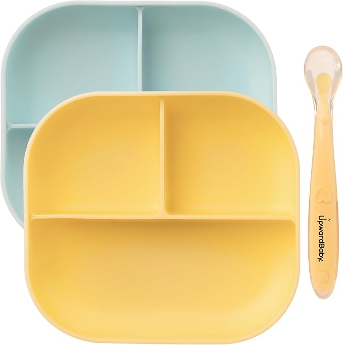 UpwardBaby Baby Plates and Spoon Set - Silicone Divider Suction Plates for Babies, Toddlers & Kids - Less Mess, Easy Portion Feeding Set - Non-Slip, Non-Toxic, BPA Free - Blue/Yellow