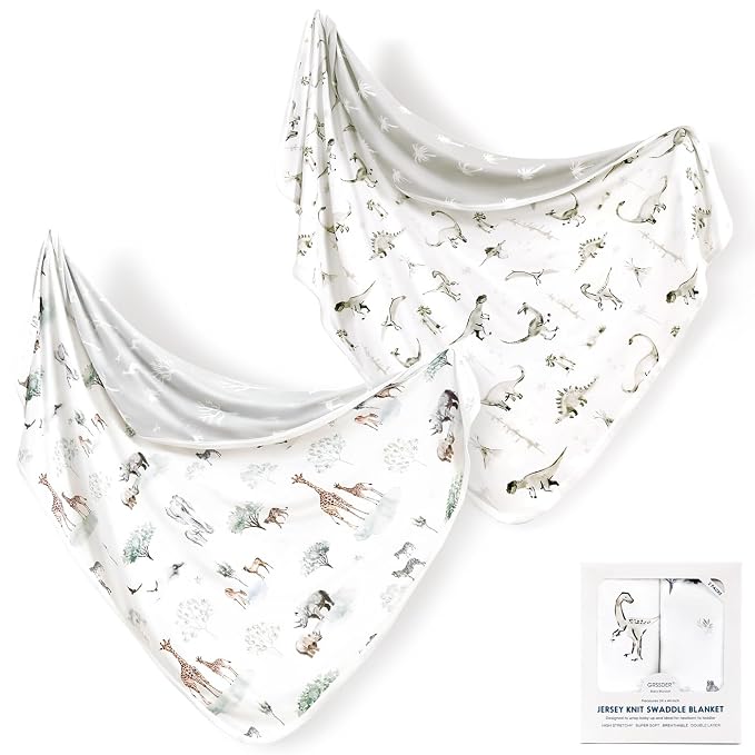 GRSSDER Baby Blankets Super Soft Stretchy Jersey Swaddle Blanket 2 Pack for Girls and Boys, Double Layer Reversible Receiving Blankets 34 x 44, Extra Large for Swaddling, Dinosaurs