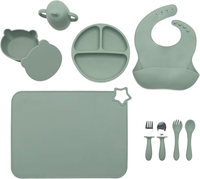 Food-grade Silicone Baby Feeding Set – 10 Pieces | BPA-Free | Includes Plate, Bowl, Sippy cup, 2 Spoons, 2Forks & Bib | Non-Slip, Microwave & Dishwasher Safe – Green