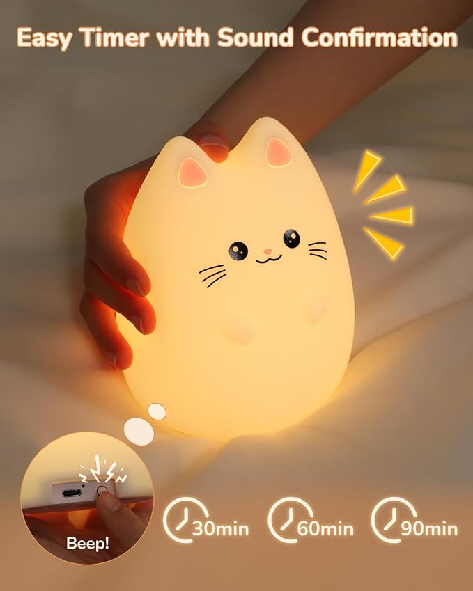 Night Light for Kids, LED Cat Squishy Animal Lamp for Baby, Soft Silicone Dimmable Bedside Touch Light with Timer, Battery Rechargeable Nightlight Girls Gifts Cute Room Decor