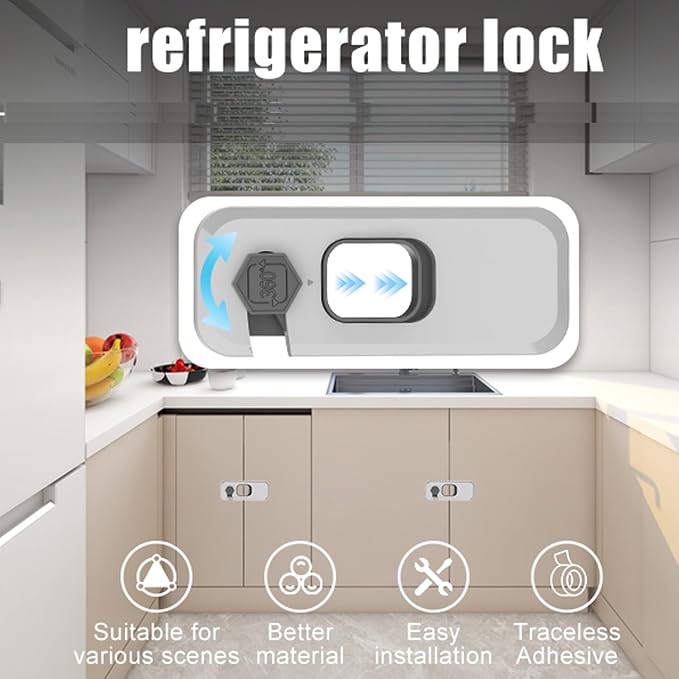 2 Pack Fridge Locks with Self Adhesive, Refrigerator Latch for Kids, Toddlers and Children, Child & Baby Proofing Freezer Door Lock for, Cabinets and Drawers, Oven, Windows