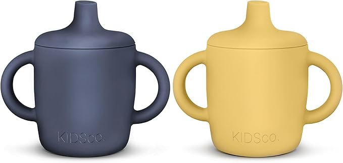 KIDSco. Silicone Sippy Cups (2 Pack) ??Soft Spout & Easy Grip Handles for Babies 6+ months, Plastic Free, Toxic Free Silicone, Leak-Resistant, Dishwasher Safe (Midnight Blue & Canary)