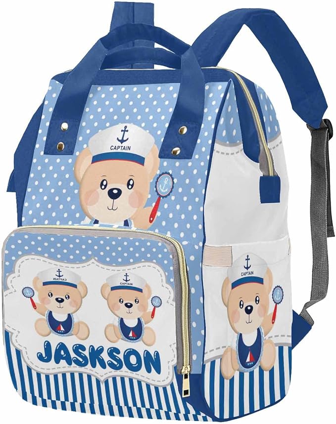 M YESCUSTOM Bag Backpack with Sailor Suit Cartoon Bear Personalized Blue Stripes and Dots Diaper Bag Custom Women Mom Travel Backpack