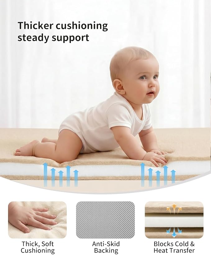 Goyuu Ultra Soft 1.3" Thick Baby Play Mat for Floor, 50x50 Playpen Mat Elasti-Foam Padded Crawling Mat for Babies, Toddlers, Infant, Kids, Non-Slip Backing Safe for Tummy Time, Beige