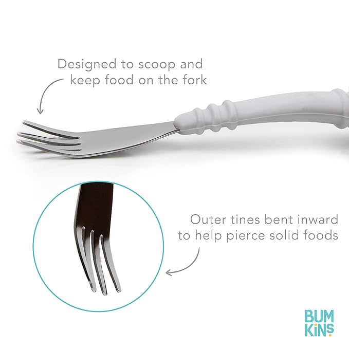 Bumkins Toddler Utensils, Kids Size Fork and Spoon Set, Silicone and Stainless-Steel Training Silverware, Angled Forks/Sporks for Self-Feeding, Children Hold Learning to Eat, 18 Mos Up, Sand Beige