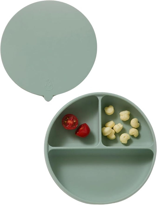 Konny EASYFEED Silicone Plate with Lid (1-4Y) 3-Divided Suction Plate Baby Led Weaning Supplies Training Baby Utensils Feeding Supplies (Sage)