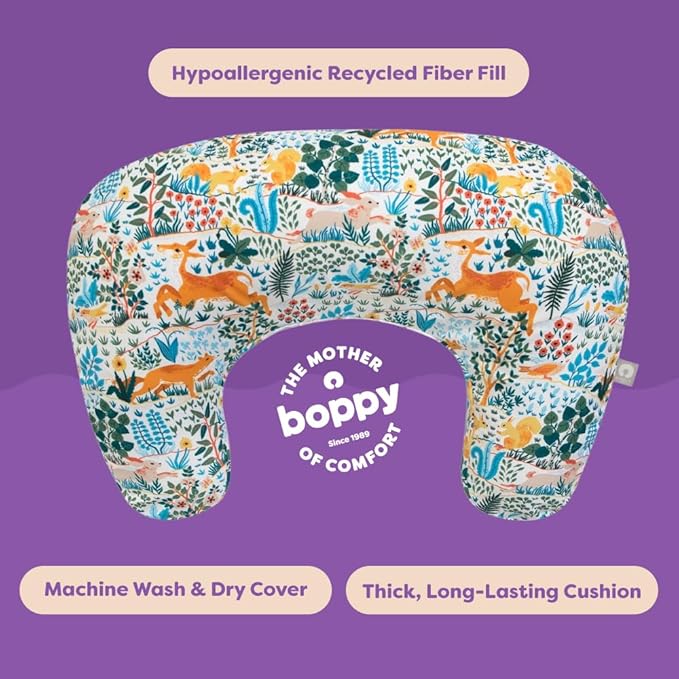 Boppy Nursing Pillow - Firm, Ergonomic U-Shaped Bottle and Breastfeeding Pillow with High Lift for Comfort and Support, Spacious Surface - Colorful Forest Animals