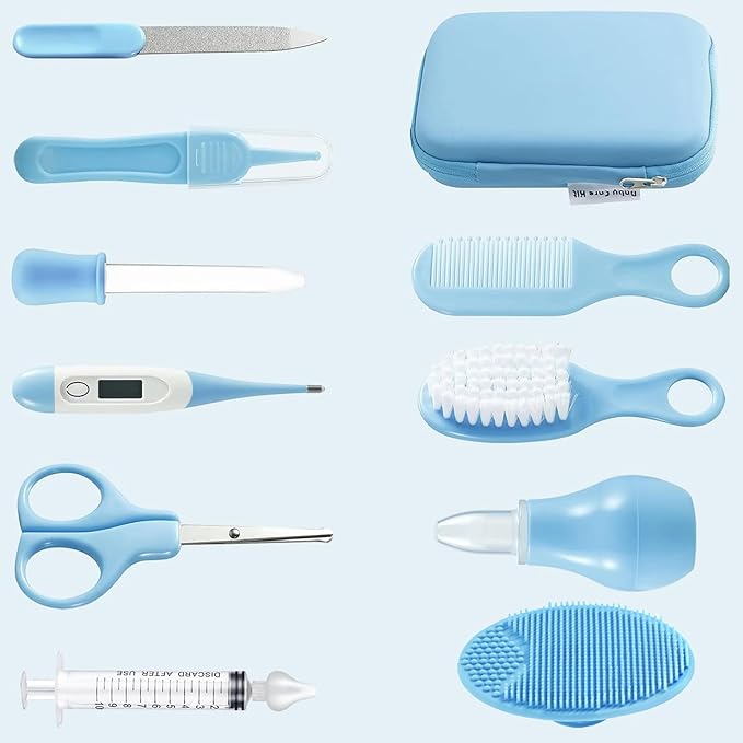 PandaEar Baby Healthcare & Grooming Kit - Baby Safety Set Comb, Brush, Finger Toothbrush, Nail Clippers, Scissors, Nasal Aspirator - Nursery Care Kit (Blue)