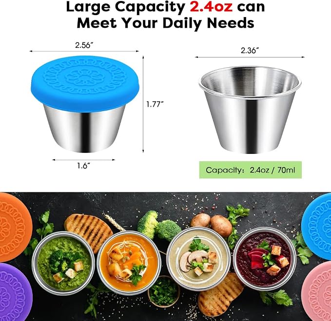 Winceed 6Pack 2.4oz Salad Dressing Container To Go, Small Stainless Steel Condiment Containers with Silicone Lids, Leakproof Reusable Dipping Sauce Cups for Lunch Box