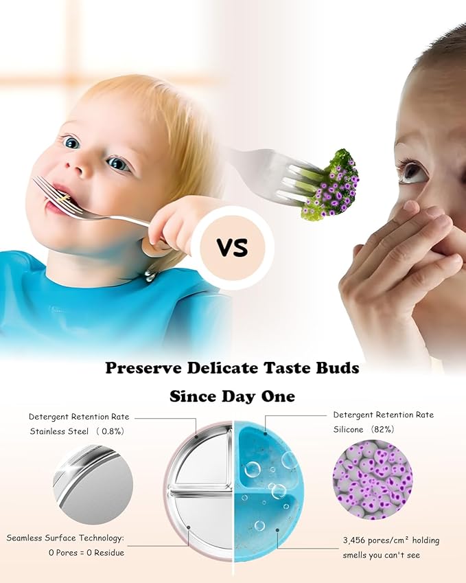 Bakpoco Stainless Steel Suction Plates for Toddlers, 8" Divided Kids Baby Plates with Removable Silicone Suction, Non Toxic Non Slip Portion Control Snack Dishes 3 Packs, Pink Lilac Sage
