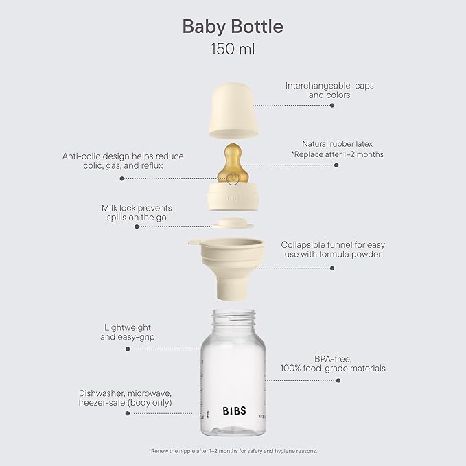 BIBS Baby Bottle 5 oz / 150 ml Natural Rubber Latex Nipple - Anti-Colic, BPA-Free, Round Nipple, Slow Flow, Lightweight & Easy to Clean, Suitable for Newborns 0+ Years - Baby Blue