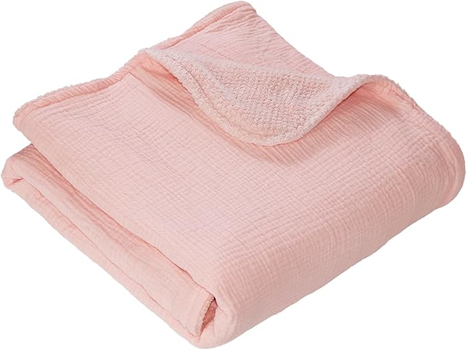 Soft & Breathable Baby Organic Cotton Muslin Blanket with Warm Flannel Lining, Unisex Crib Blanket for Toddlers, Large 43x43 Inches (Pink)