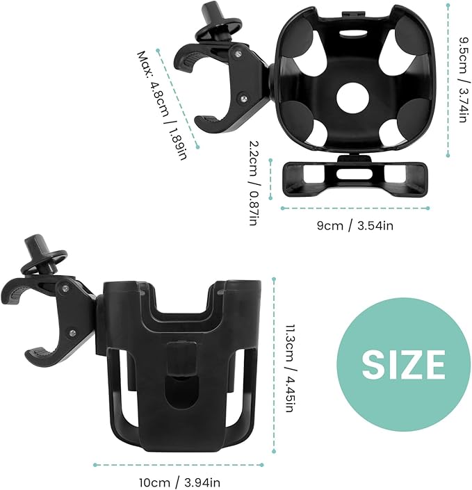 Universal Big Size 2-in-1 Cup & Phone Holder for Stroller Walker Wheelchair, Adjustable Clip On Attachment for Bike Scooter Rollator, Compatible with Nuna Uppababy Graco Doona Baby Travel Gear