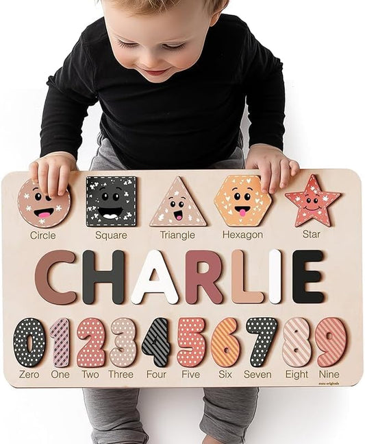 Zuzu Puzzle Personalized Name Puzzle with Numbers & Shapes for Toddlers 1-3 | 12 Color Themes | Handmade Wooden Montessori Toy, Keepsake Nursery Decor & Perfect 1st Birthday Gift