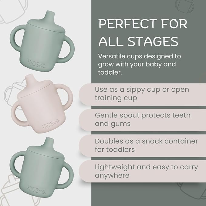 KIDSco. Silicone Sippy Cups (2 Pack) ??Soft Spout & Easy Grip Handles for Babies 6+ months, Plastic Free, Toxic Free Silicone, Leak-Resistant, Dishwasher Safe (Green and Sandy Shore)
