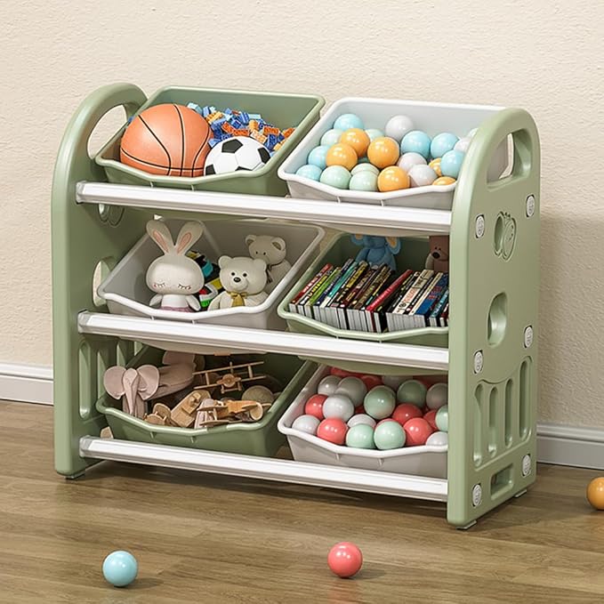 Kids Toy Storage Organizer, 3-Tier Shelves Multi-Functional Kids Storage Organizer with 6 Removable Bins Large Storage Capacity for Boys Girls Bedroom Playroom, Nursery (Green)