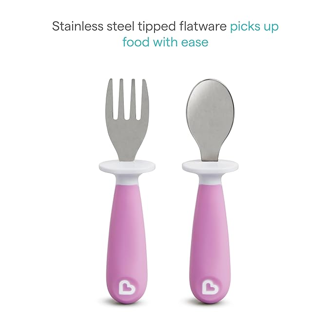 Munchkin® Raise??Toddler Fork and Spoon Utensil Set, Rest Keeps Tip Off Table, BPA Free, 4 Pack, Pink/Purple