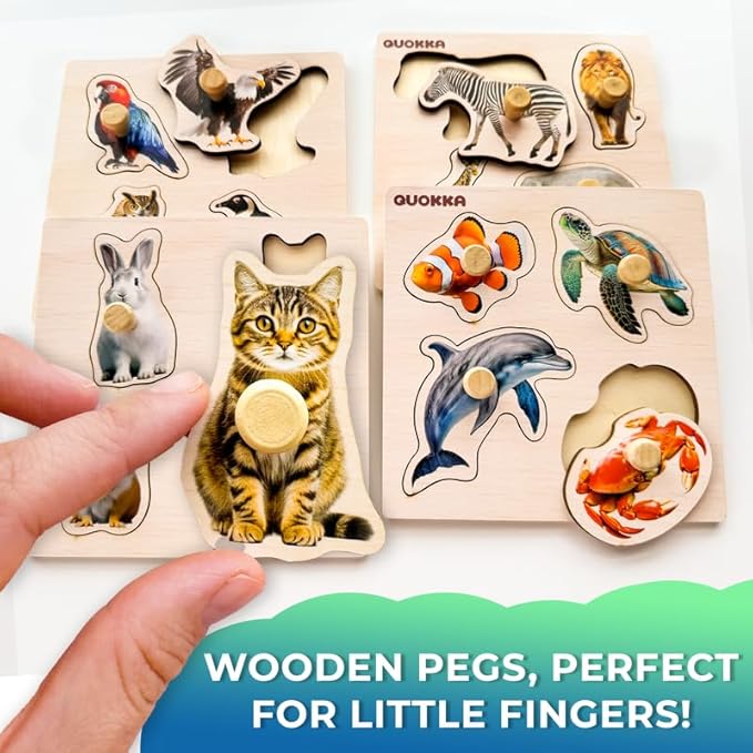 QUOKKA Wooden Puzzles for Toddlers 1-3 - Animal and Birds Learning Toy for Kids - Birds, Animals, Fish, Buttefly Montessory Toys