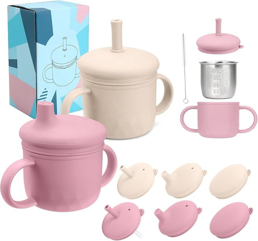 2PCS Stainless Steel Sippy Cups for Toddlers1-3, Baby Straw Cups for 6+Month Old with Travel Lid, Silicone Straw, Replacement Straw & Cleaning Brush-8oz Toddler Cups Spill Proof Set Pink+Rice White