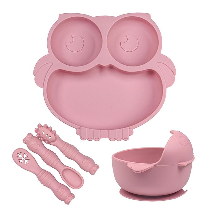 Owl Shape Silicone Baby Feeding Set, Toddler Suction Plates and Bowls Set with Spoons, Kids Silicone Dinnerware Set Eating Utensils, Pink