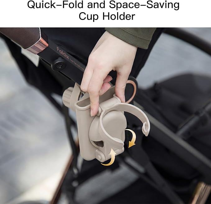 Gromast 2 in 1 Foldable Stroller Cup Holder + Phone Holder, 360°Rotatable with Adjustable Clip, Universal Cup Holder for Baby Stroller, Tricycle - Khaki