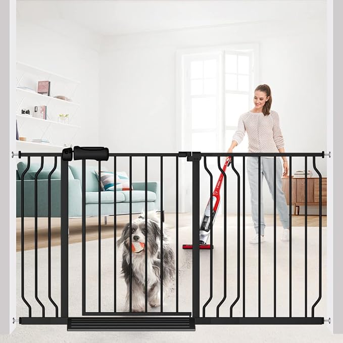 Extra Wide Baby Gate Black 53-57.5 Inch Wide Walk Through Pressure Mounted No Drill Long and Large Tension Metal Gate for Dog and Toddler