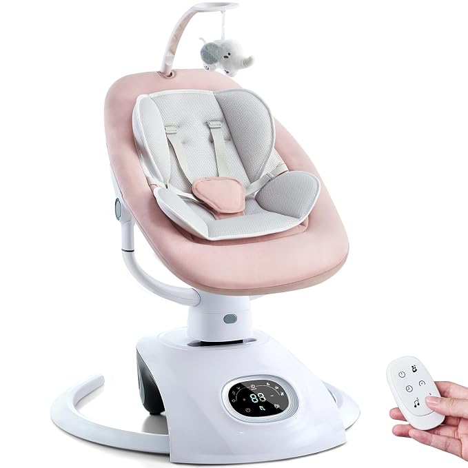 VaVaSoo Baby Swing for Infants Mamroo Electric Automatic Multi Motion Newborn for Girl & Boy with Remote Control, 5 Speed, 13 Melodies, Light Gray (Pink)