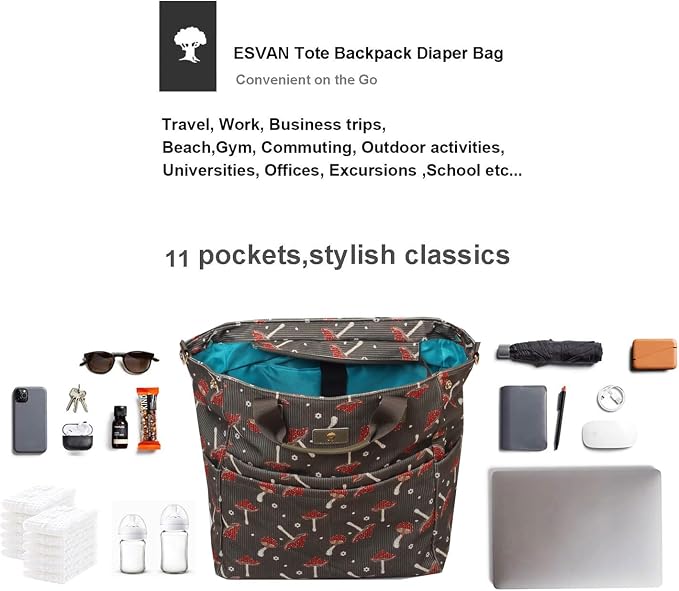ESVAN Diaper Tote Bag Totepack Backpack Crossbody Bag 3 in 1 for Women Laptop Backpack Multifunctional with Insulated Pockets