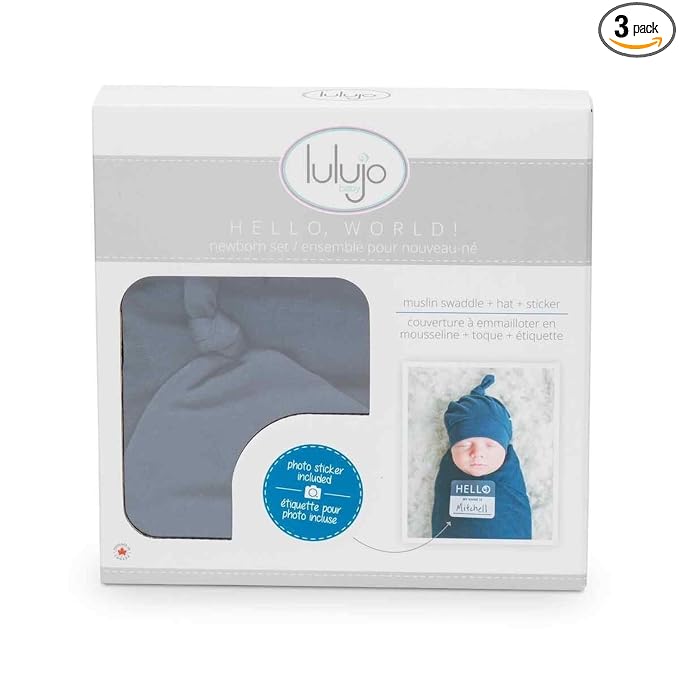Lulujo Birth Announcement Hat & Swaddle Blanket Set| Unisex Softest Bamboo Viscose Muslin Baby Swaddle Blanket| Receiving Blanket | 47in x 47in| Navy