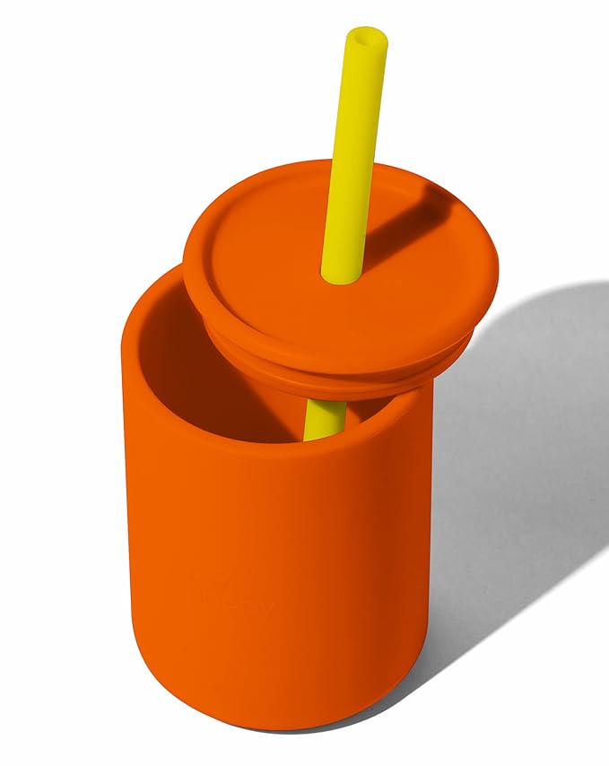 Avanchy Silicone Training Sippy Cup with Straw Lid ??For Babies 6+ Months to Toddlers 1 Year Old ??8 oz Infant Water Cup for Baby Led Weaning, Orange