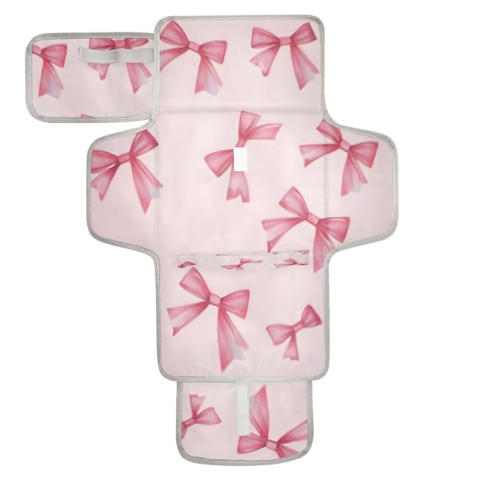 Portable Diaper Changing Pad Foldable Baby Changing Mat with Built-in Pillow Waterproof Changing Pad for Newborn Girls Boys Bow