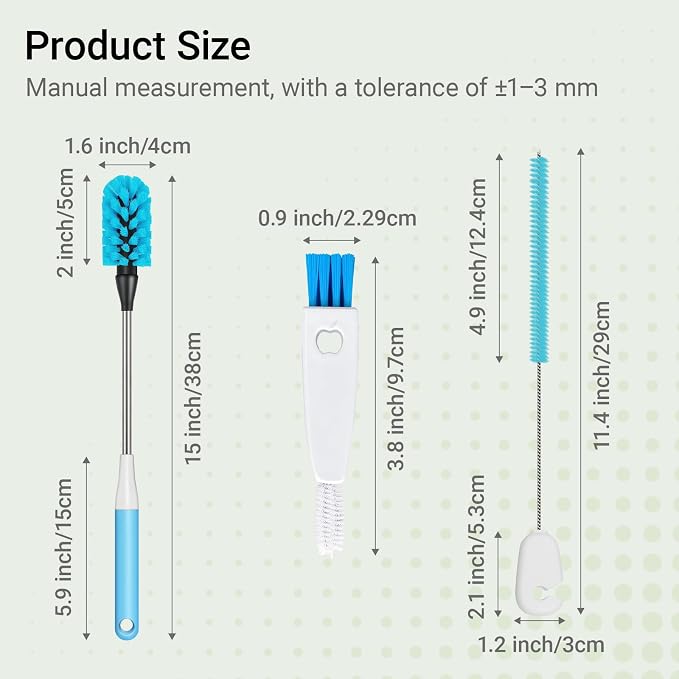 3-in-1 Bottle Brush, 15 Inches Long Handle Kitchen Water Bottle Brush, Stainless Steel Bottle Cleaner Brush with Straw Brush & Lid Brushe for Cleaning Wine Glasses,Coffee Mugs,Tumblers,Wine Decanters