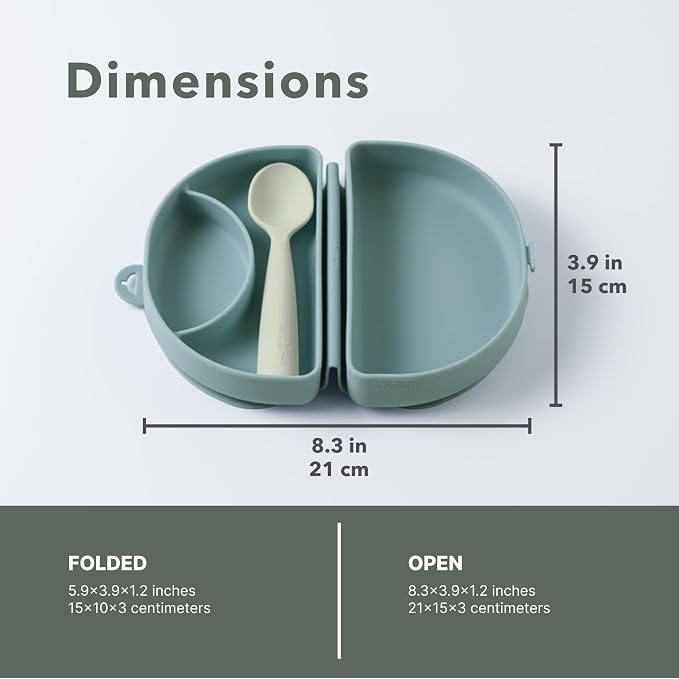 Miniware Fold & Scoop Baby Feeding Set - Silicone Travel Baby Plate With Suction & Baby Spoon - Compact, Portable, Dishwasher-Safe, Suction Base for Mess-Free Eating (Aquamarine and Aqua)