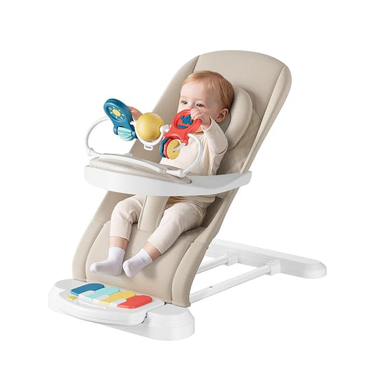 Monamii Baby Bouncer, Baby Bouncer Seat with Detachable Pianos & Feeding Tray, 3-Level Adjustable Positions Bouncing Seat, Infant Bouncer Seat and Toddler Chair (Beige)