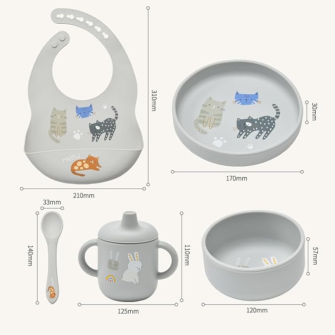 silicone baby feeding set, Baby Led Weaning Supplies，Cutlery Feeding Supplies, Baby Utensils Feeding Essentials for Starting Solidsï¼? Piece Set (Gray)