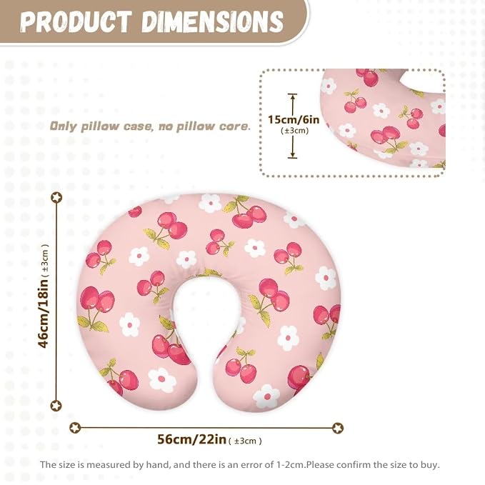Pink Cherry and Floral Nursing Pillow Cover Slipcover for Breastfeeding Pillows, Soft and Stretchy Safely Breastfeeding Pillow Cover Easy to Clean